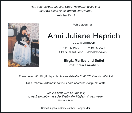Traueranzeige von Anni Juliane Haprich von WZ/JW/AH