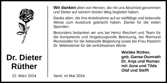 Traueranzeige von Dieter Rüther von Nordwest-Zeitung