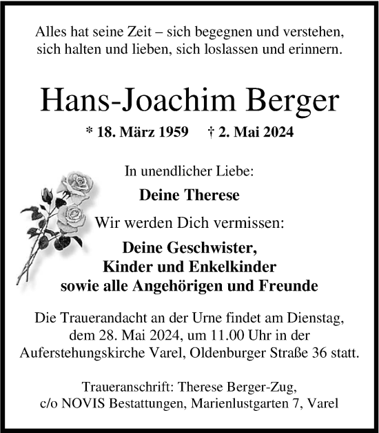 Traueranzeigen Von Hans Joachim Berger Nordwest Trauer De