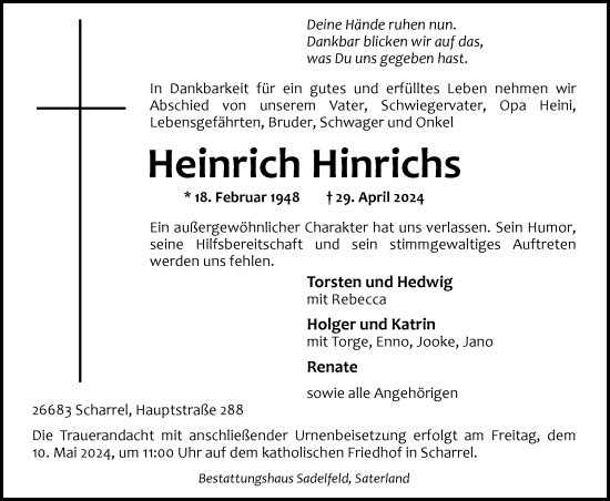 Traueranzeige von Heinrich Hinrichs von Nordwest-Zeitung