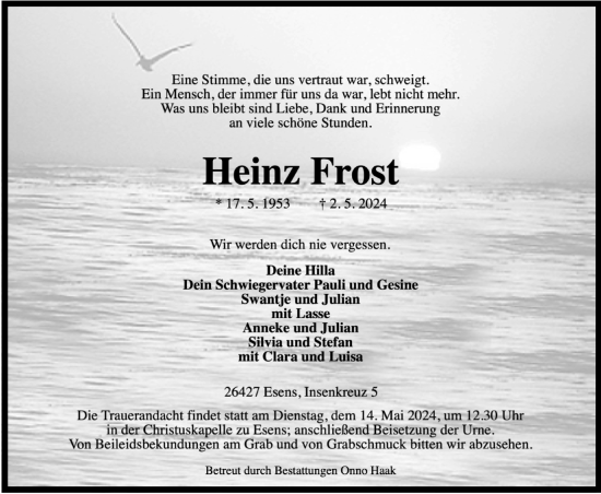 Traueranzeige von Heinz Frost von WZ/JW/AH