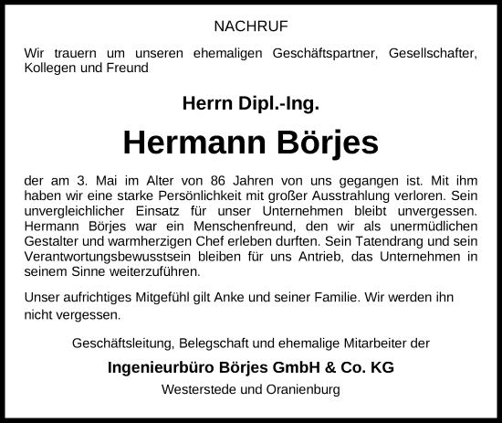 Traueranzeige von Hermann Börjes von Nordwest-Zeitung