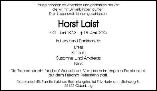 Traueranzeige von Horst Laist von Nordwest-Zeitung