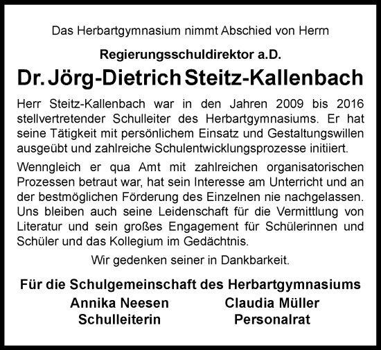 Traueranzeige von Jörg-Dietrich Steitz-Kallenbach von Nordwest-Zeitung