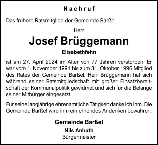 Traueranzeige von Josef Brüggemann von Nordwest-Zeitung