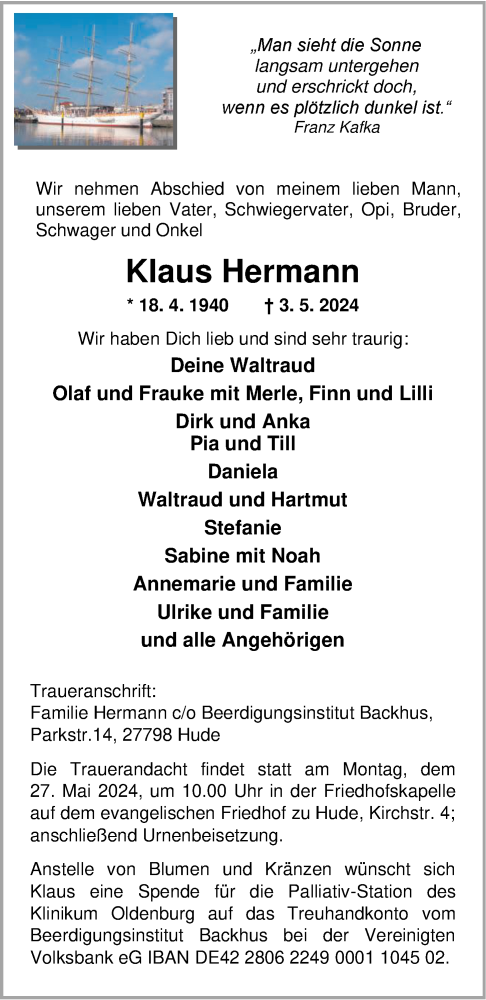 Traueranzeige von Klaus Hermann von Nordwest-Zeitung