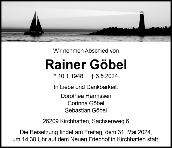 Traueranzeige von Rainer Göbel von Nordwest-Zeitung