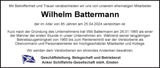 Traueranzeige von Wilhelm Battermann von Emder Zeitung