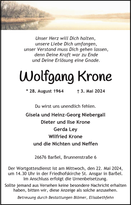 Traueranzeige von Wolfgang Krone von Nordwest-Zeitung