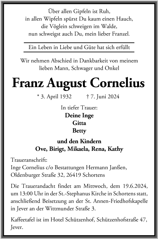 Traueranzeigen Von Franz August Cornelius Nordwest Trauer De