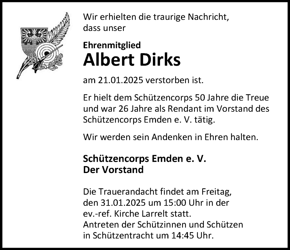 Traueranzeigen Von Albert Dirks Nordwest Trauer De