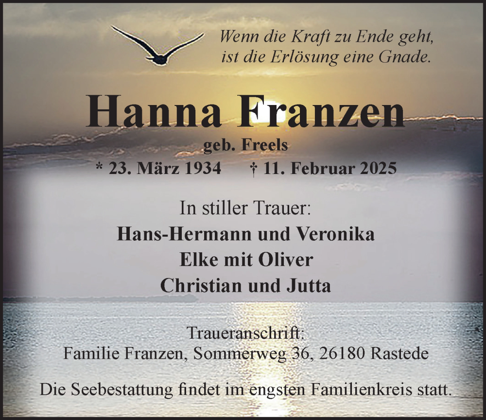 Traueranzeigen Von Hanna Franzen Nordwest Trauer De