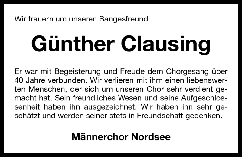 Traueranzeigen Von G Nther Clausing Nordwest Trauer De