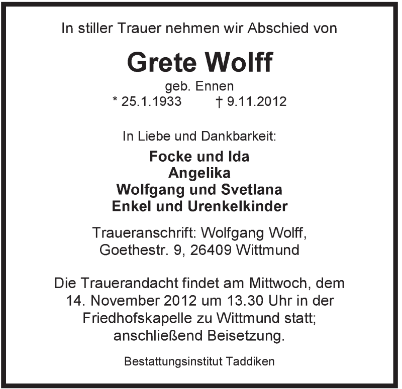 Traueranzeigen Von Grete Wolff Nordwest Trauer De