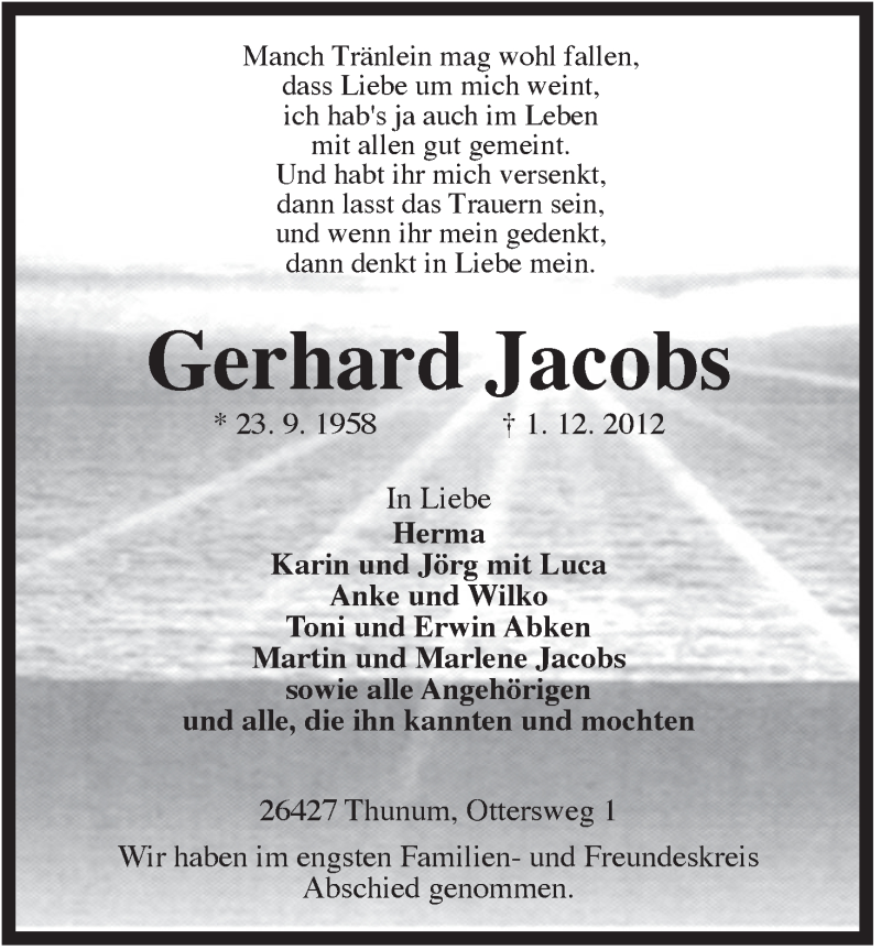 Traueranzeigen Von Gerhard Jacobs Nordwest Trauer De