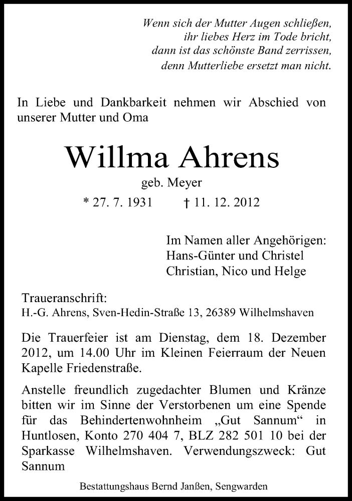 Traueranzeigen Von Willma Ahrens Nordwest Trauer De