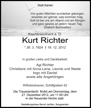 Traueranzeigen Von Kurt Richter Nordwest Trauer De