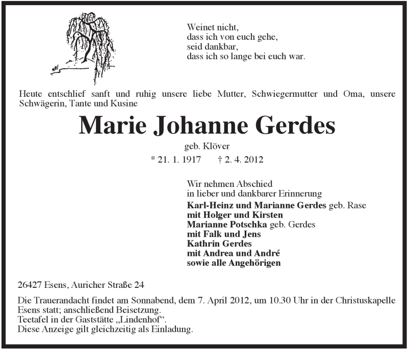 Traueranzeigen Von Marie Johanne Gerdes Nordwest Trauer De