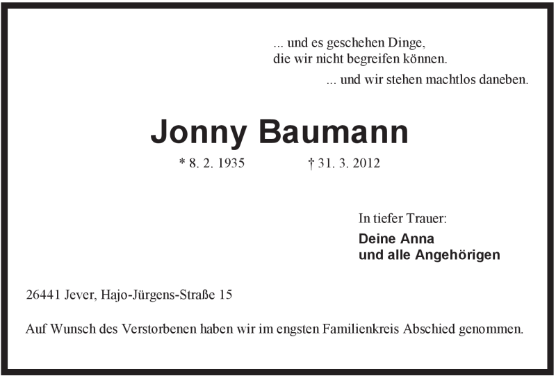 Traueranzeigen Von Jonny Baumann Nordwest Trauer De