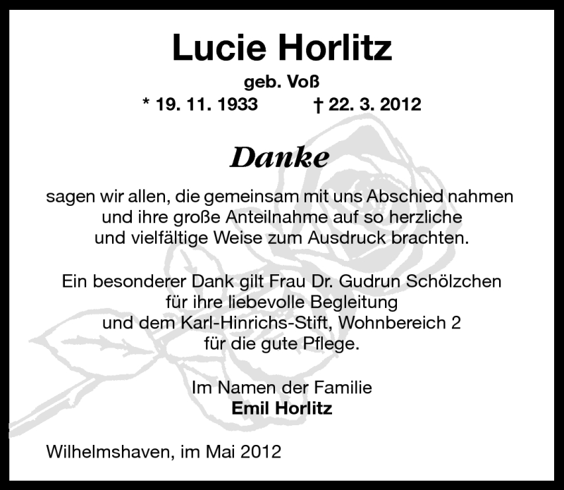 Traueranzeigen Von Lucie Horlitz Nordwest Trauer De