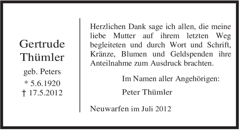 Traueranzeigen Von Gertrude Th Mler Nordwest Trauer De