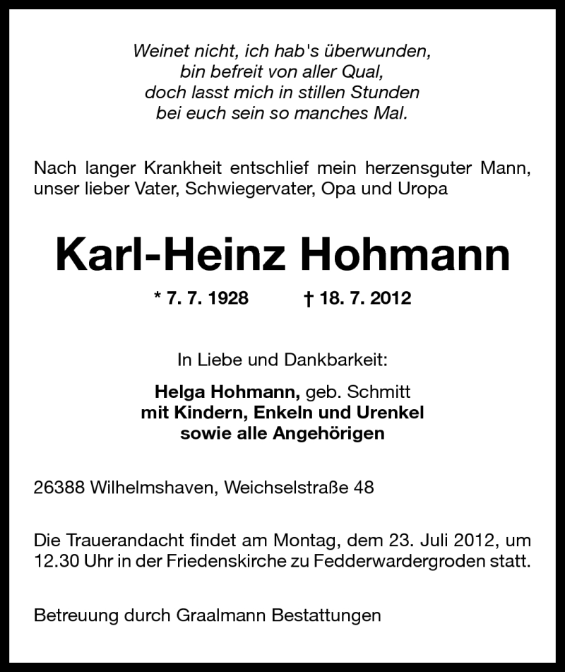 Traueranzeigen Von Karl Heinz Hohmann Nordwest Trauer De