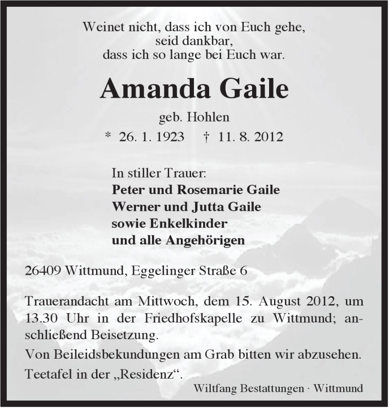 Traueranzeigen Von Amanda Gaile Nordwest Trauer De