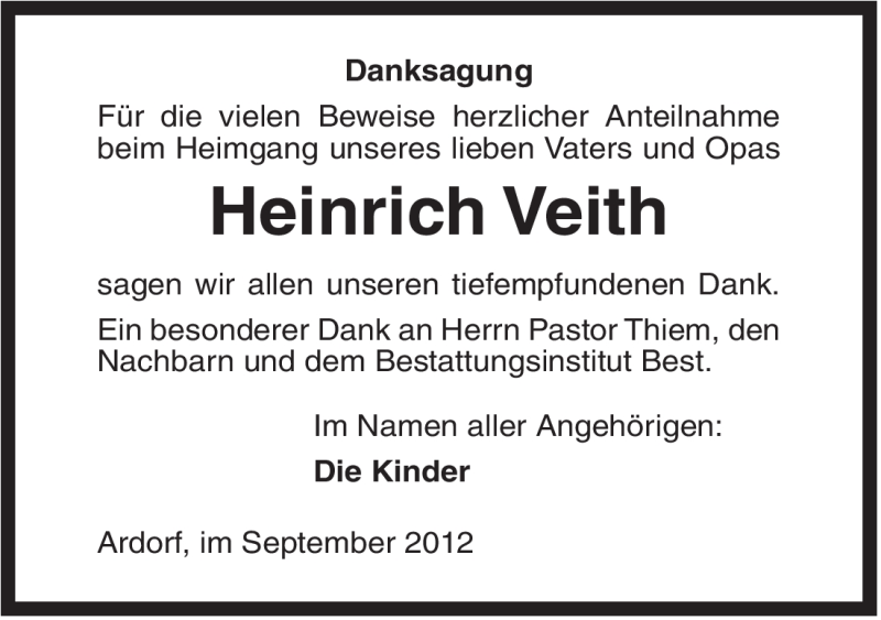 Traueranzeigen Von Heinrich Veith Nordwest Trauer De