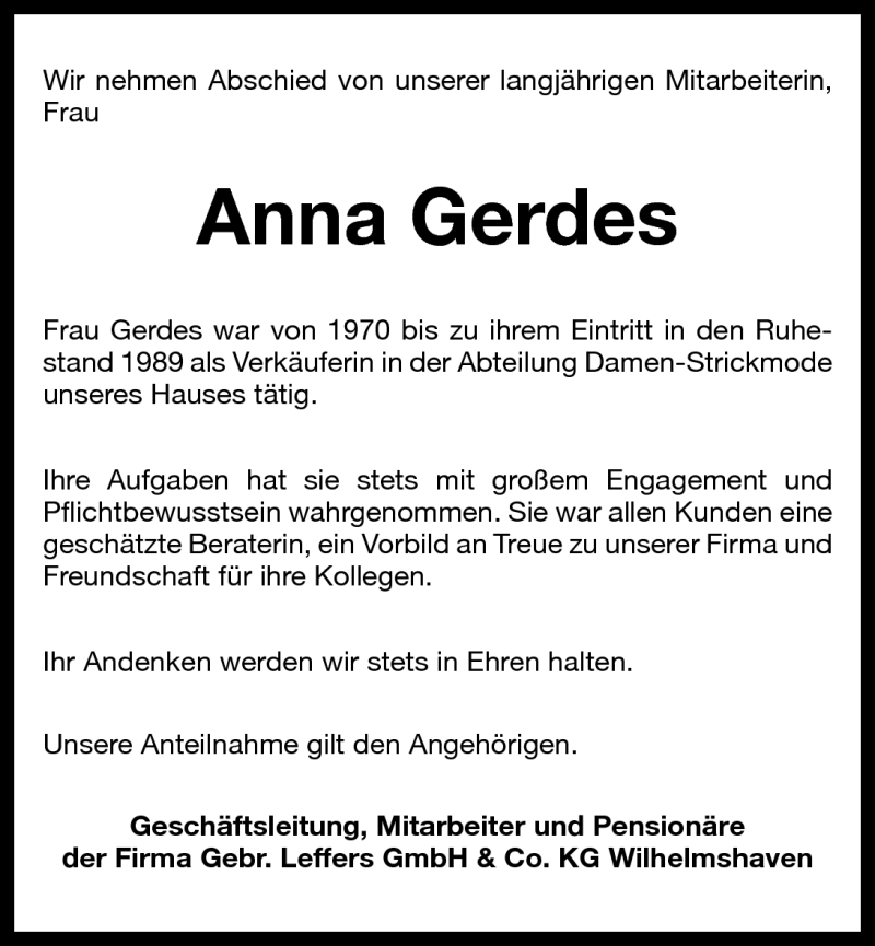 Traueranzeigen Von Anna Gerdes Nordwest Trauer De