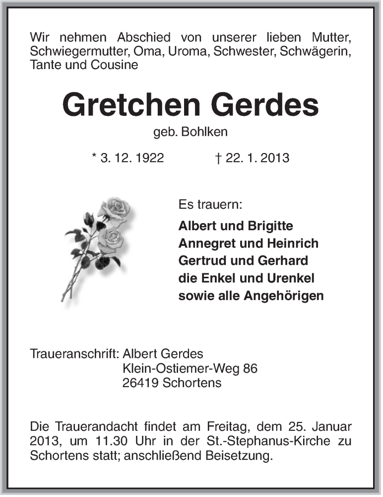 Traueranzeigen Von Gretchen Gerdes Nordwest Trauer De