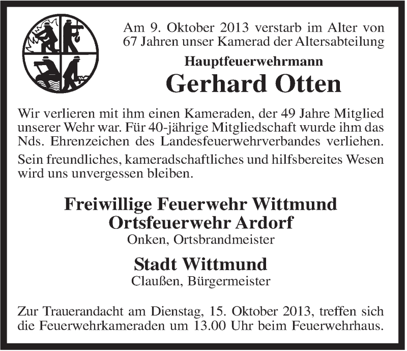 Traueranzeigen Von Gerhard Otten Nordwest Trauer De