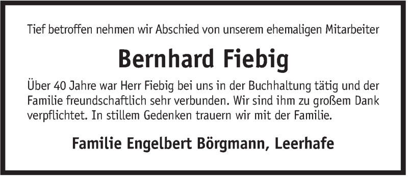 Traueranzeigen Von Bernhard Fiebig Nordwest Trauer De