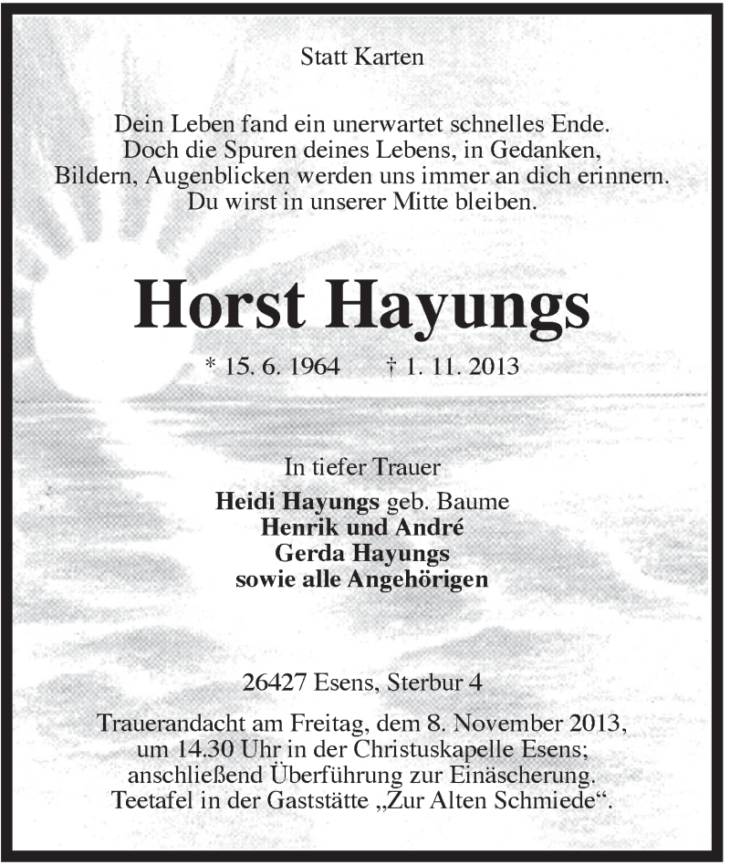 Traueranzeigen Von Horst Hayungs Nordwest Trauer De