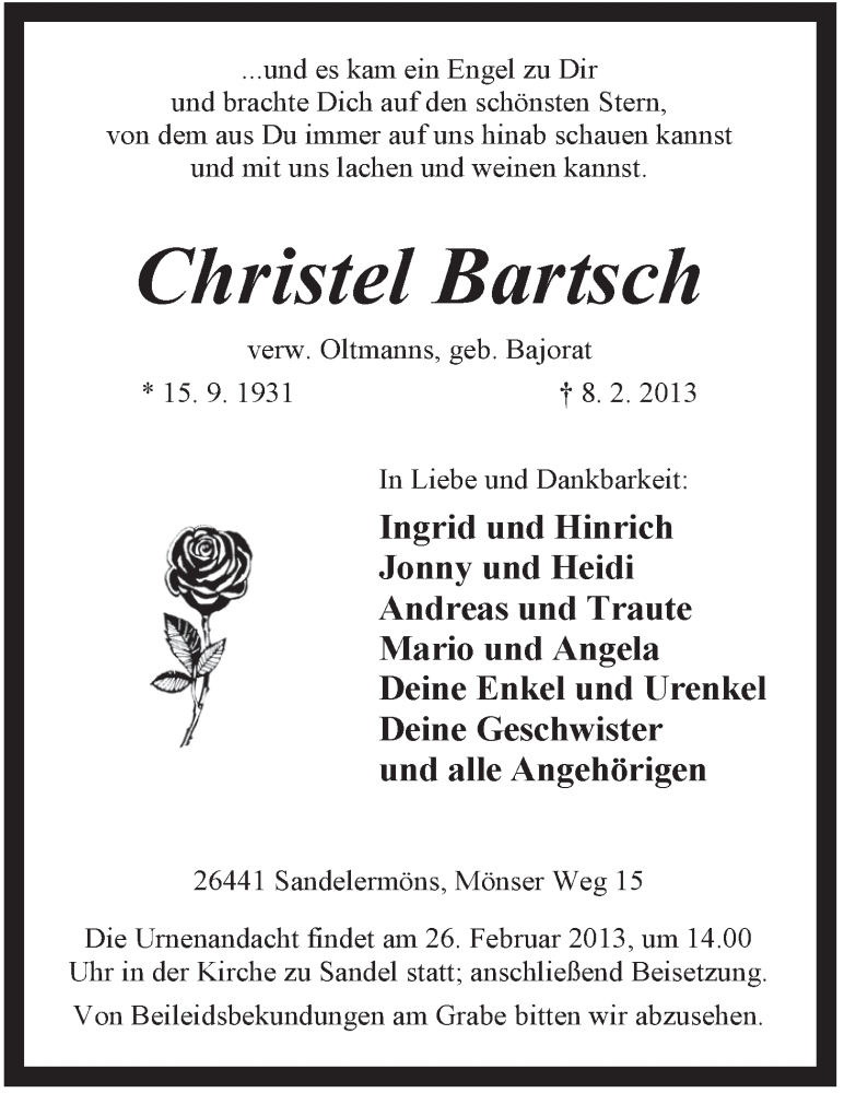 Traueranzeigen Von Christel Bartsch Nordwest Trauer De