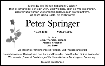 Traueranzeigen Von Peter Springer Nordwest Trauer De