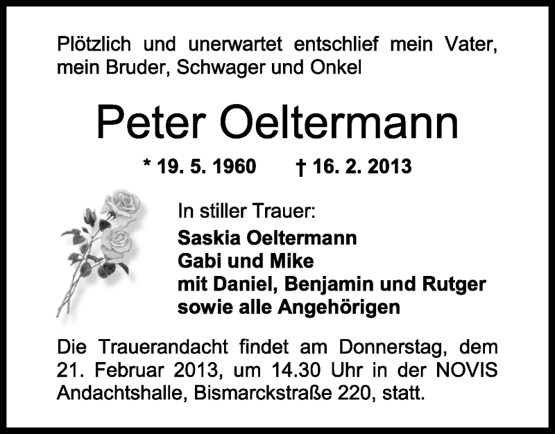 Traueranzeigen Von Peter Oeltermann Nordwest Trauer De