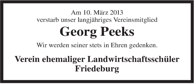 Traueranzeigen Von Georg Peeks Nordwest Trauer De