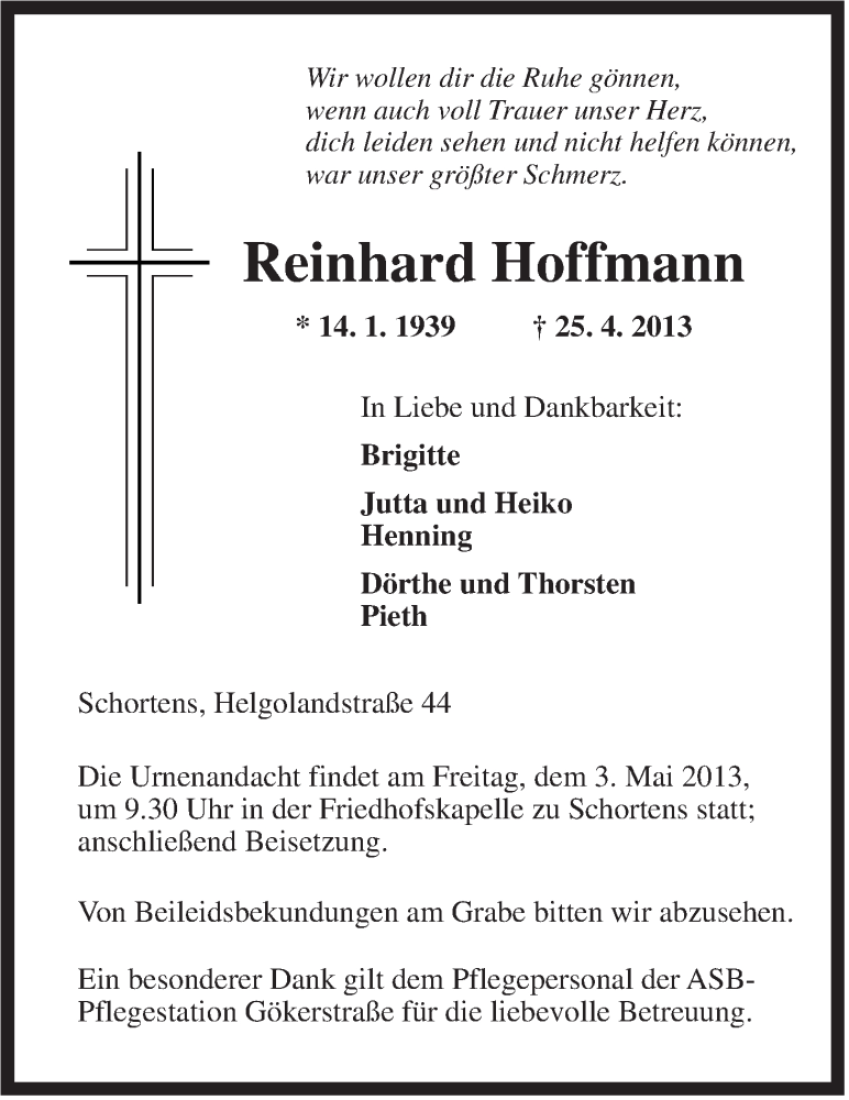 Traueranzeigen Von Reinhard Hoffmann Nordwest Trauer De