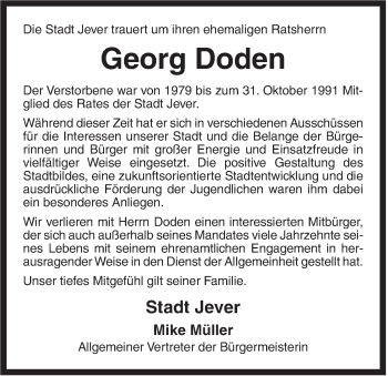 Traueranzeige von Georg Doden von Jeversches Wochenblatt