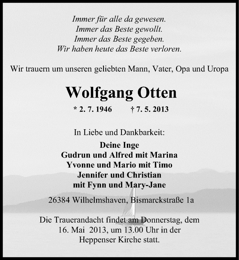 Traueranzeigen Von Wolfgang Otten Nordwest Trauer De