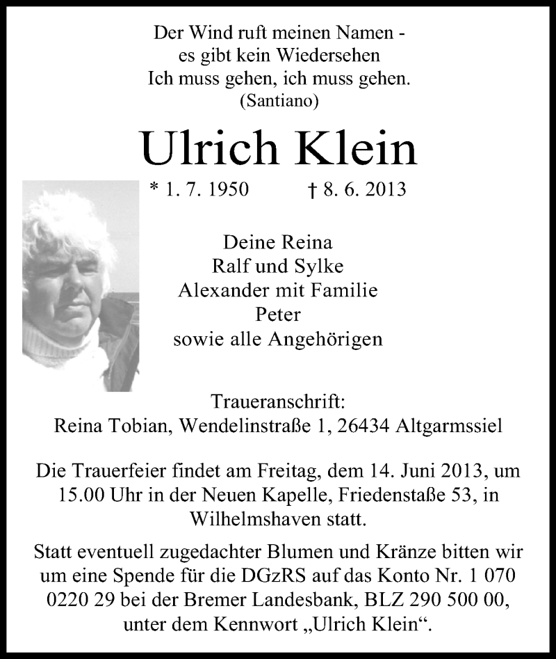 Traueranzeigen Von Ulrich Klein Nordwest Trauer De