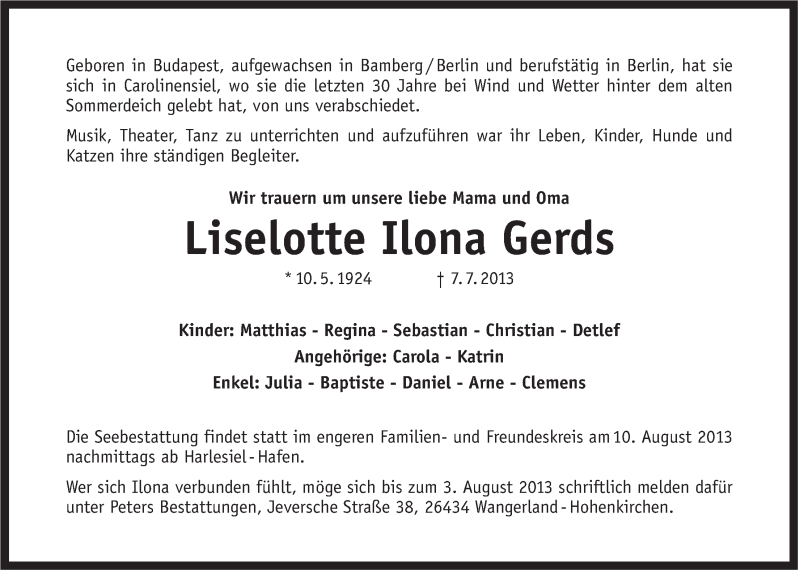 Traueranzeigen Von Liselotte Ilona Gerds Nordwest Trauer De