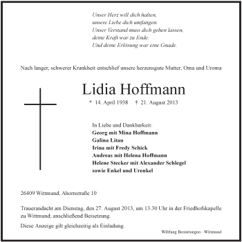 Traueranzeigen Von Lidia Hoffmann Nordwest Trauer De