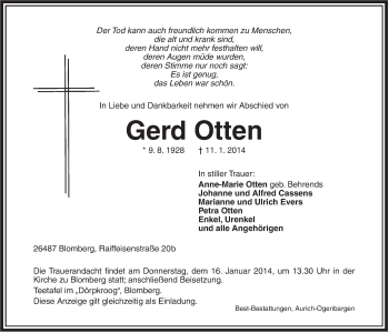 Traueranzeigen Von Gerd Otten Nordwest Trauer De