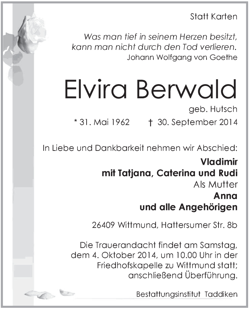 Traueranzeigen Von Elvira Berwald Nordwest Trauer De