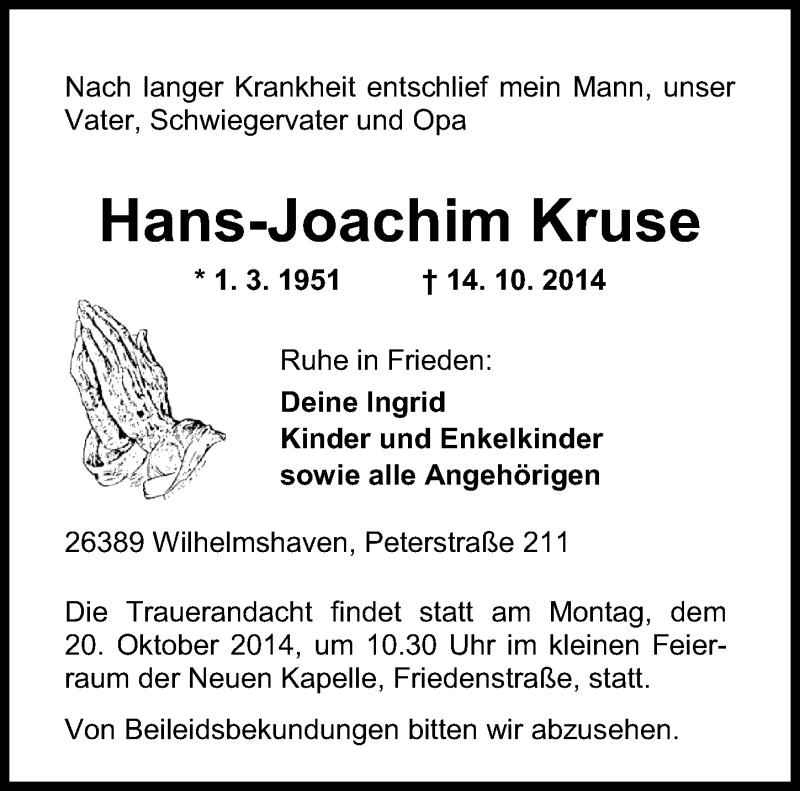 Traueranzeigen Von Hans Joachim Kruse Nordwest Trauer De