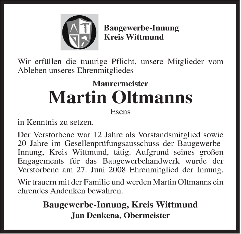 Traueranzeigen Von Martin Johann Oltmanns Nordwest Trauer De