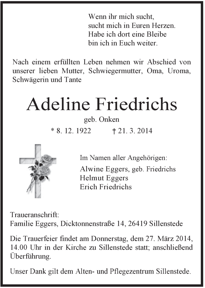 Traueranzeigen Von Adeline Friedrichs Nordwest Trauer De