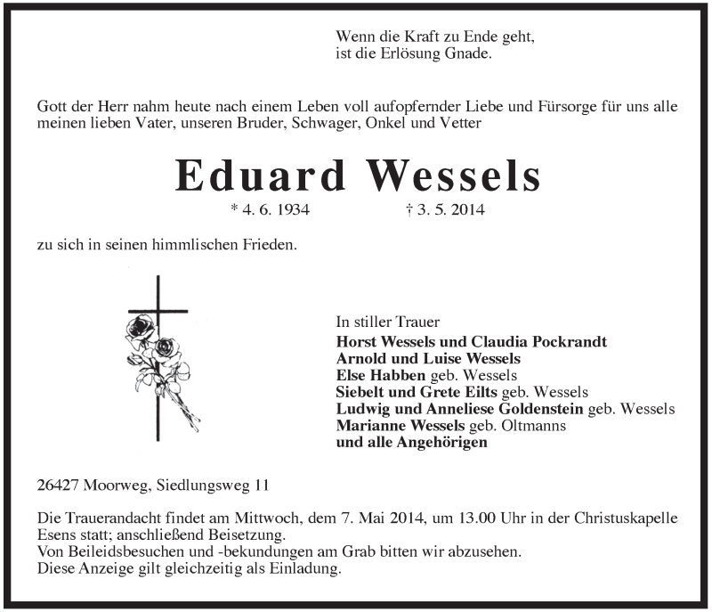 Traueranzeigen Von Eduard Wessels Nordwest Trauer De