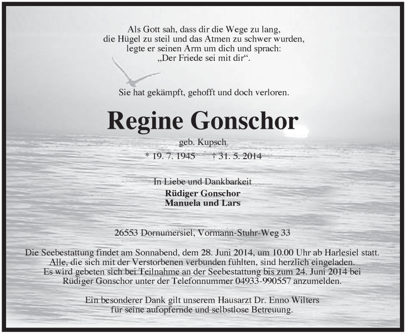 Traueranzeigen Von Regine Gonschor Nordwest Trauer De